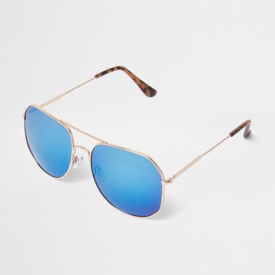 Gold blue tone angular aviator sunglasses